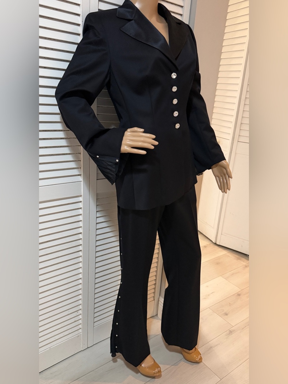 Escada Couture Black Crystal Button Blazer Pant Suit Chiffon Detail Evening Set